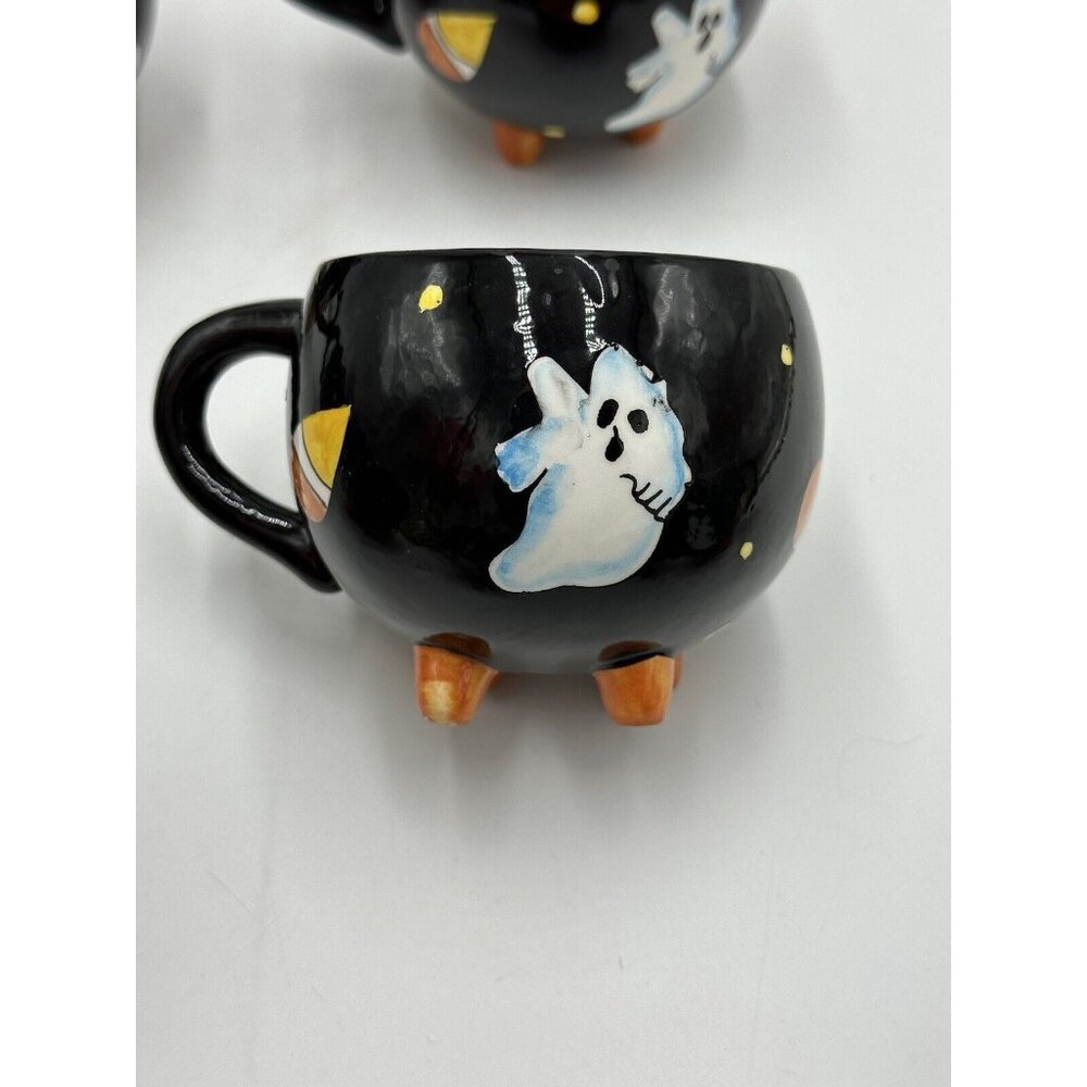 Halloween Black Cat Ghost Mug Coffee Tea 6oz Cup Hand Painted White Orange Set 8 - Picture 3 of 7